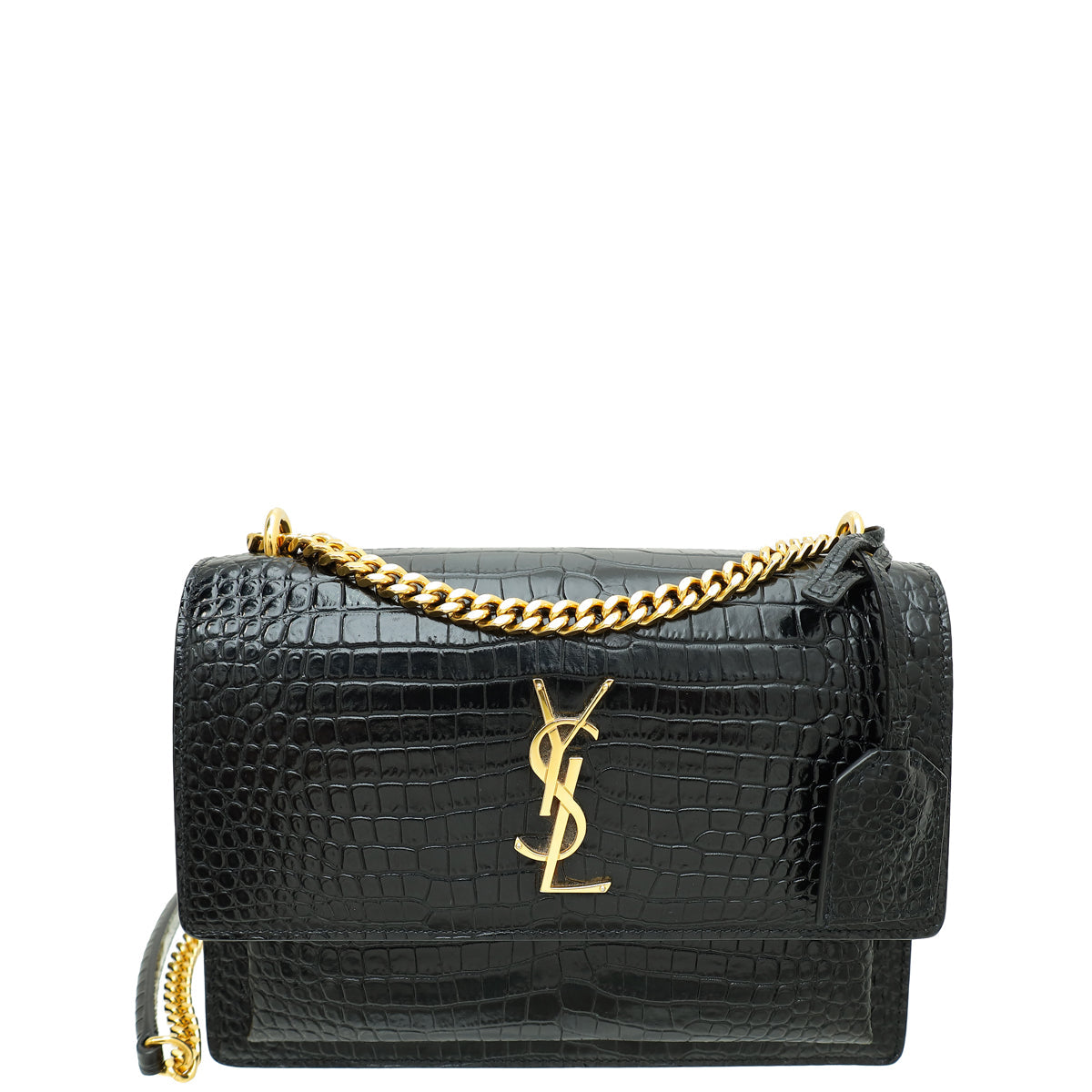 YSL Black Croco Embossed Sunset Medium Shoulder Bag