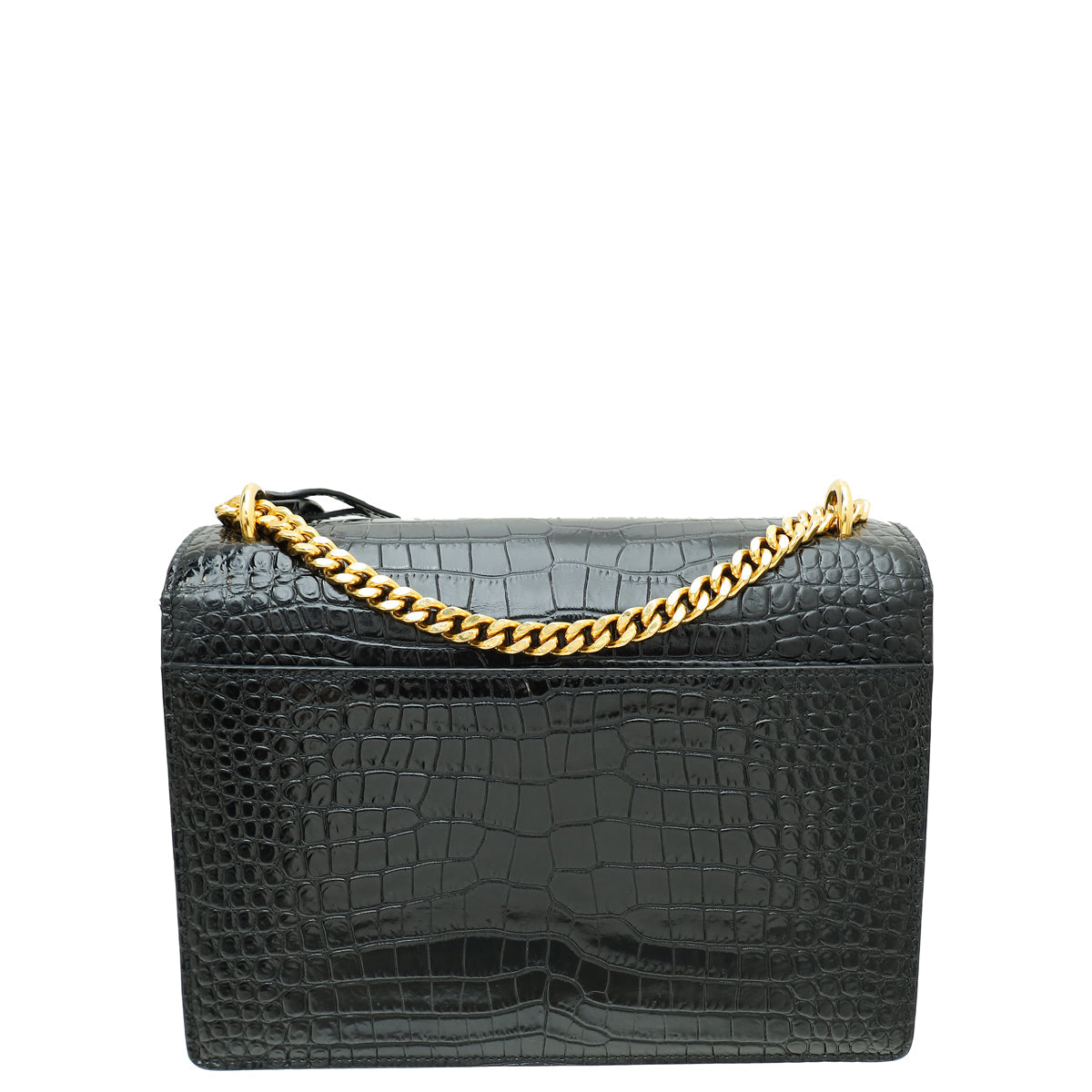 YSL Black Croco Embossed Sunset Medium Shoulder Bag