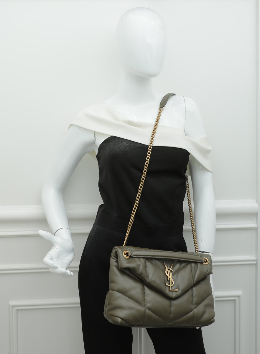 YSL Khaki Loulou Puffer Small Flap Chain Bag