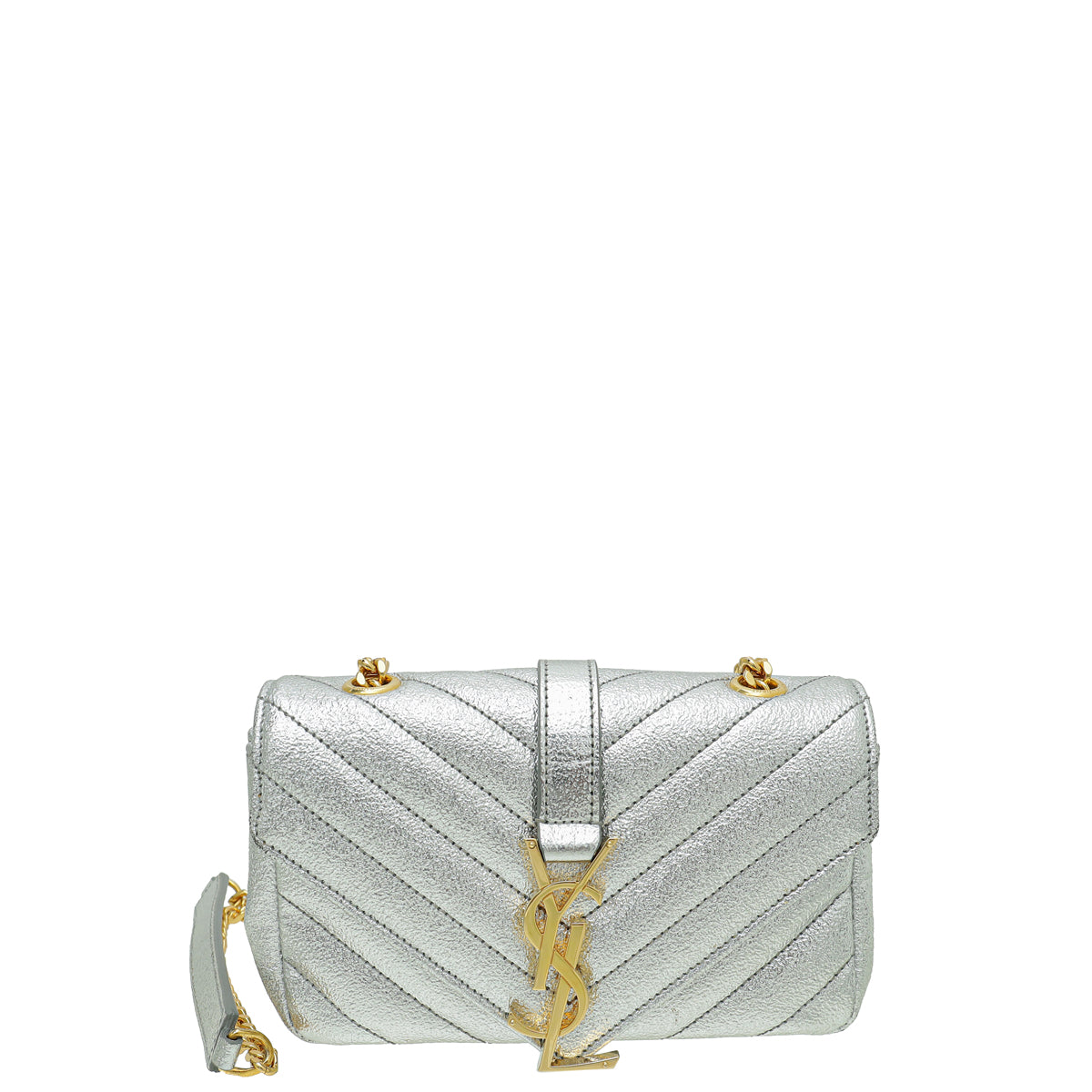 YSL Metallic Silver Chevron Monogram Chain Bag Baby