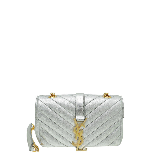 YSL Metallic Silver Chevron Monogram Chain Bag Baby