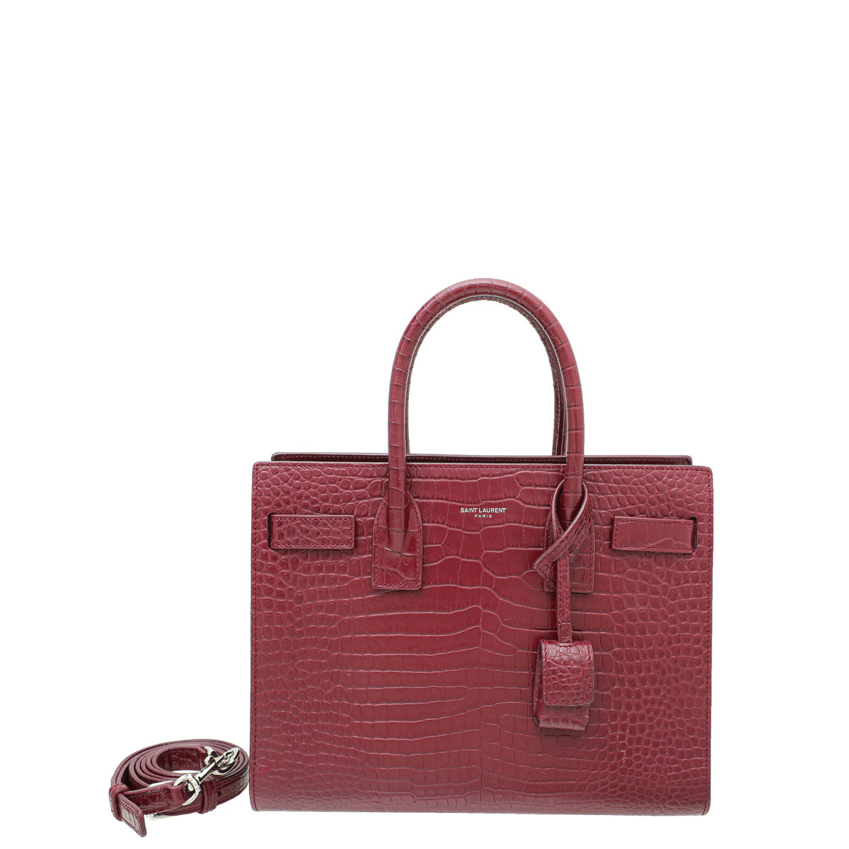 YSL Burgundy Baby Croc Embossed Sac De Jour Bag