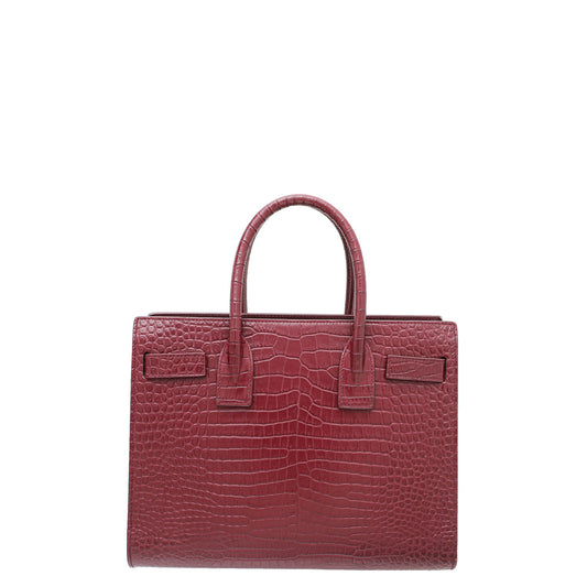 YSL Burgundy Baby Croc Embossed Sac De Jour Bag