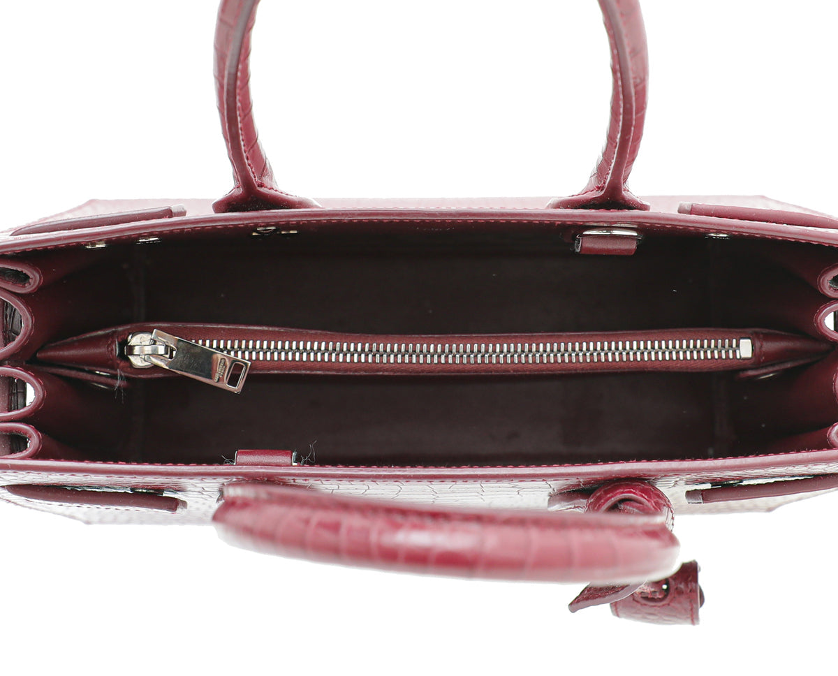 YSL Burgundy Baby Croc Embossed Sac De Jour Bag