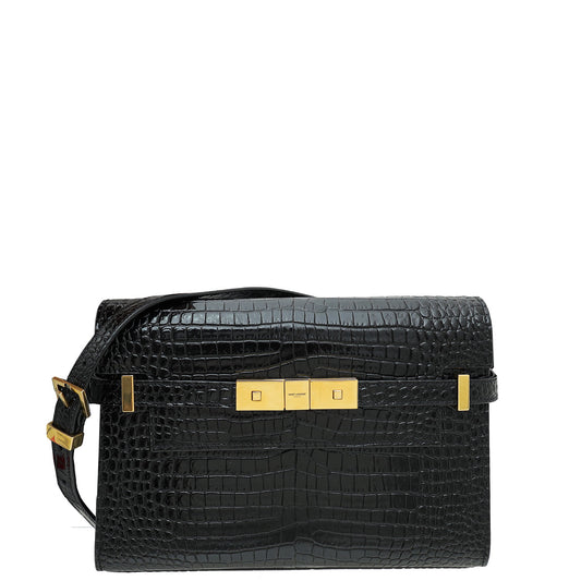 YSL Manhattan Shiny Croc Embossed Small Shoulder Bag