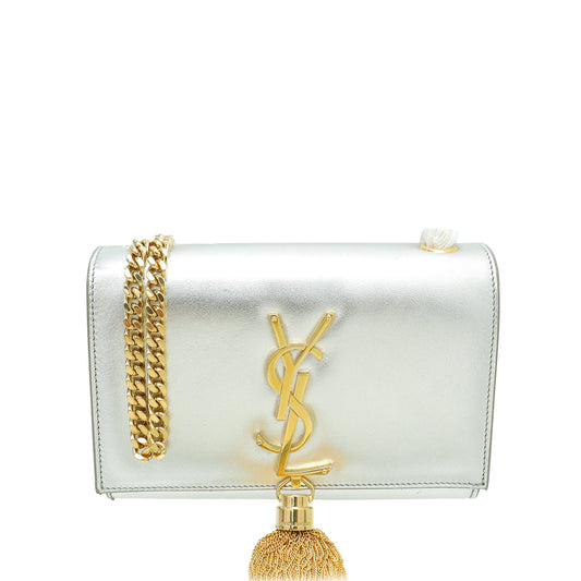 YSL Metallic Silver Classic Monogram Kate Tassel Bag