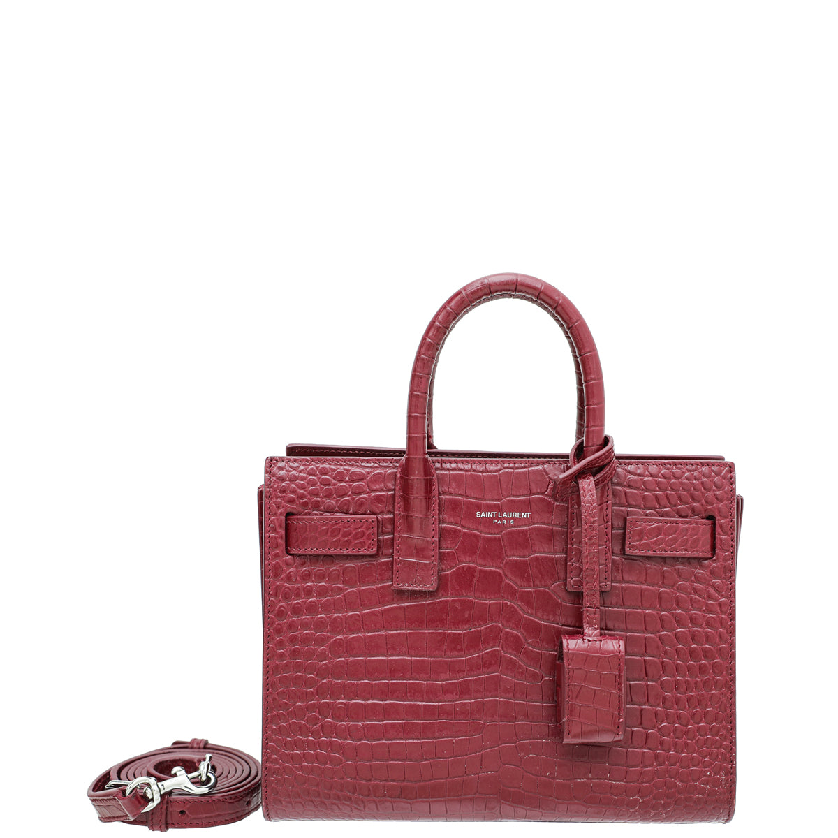 YSL Burgundy Croc Embossed Sac De Jour Nano Bag