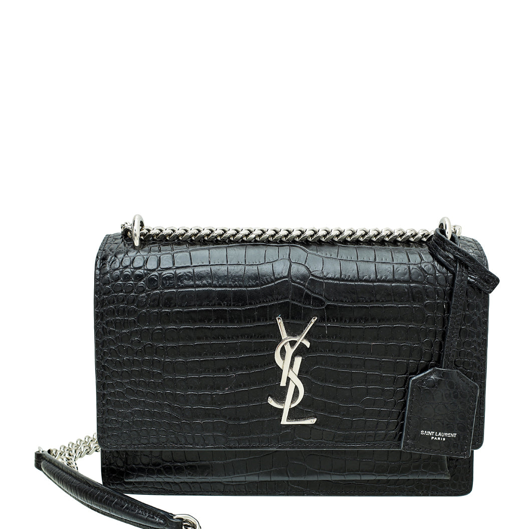 YSL Black Croc Embossed Sunset Medium Bag