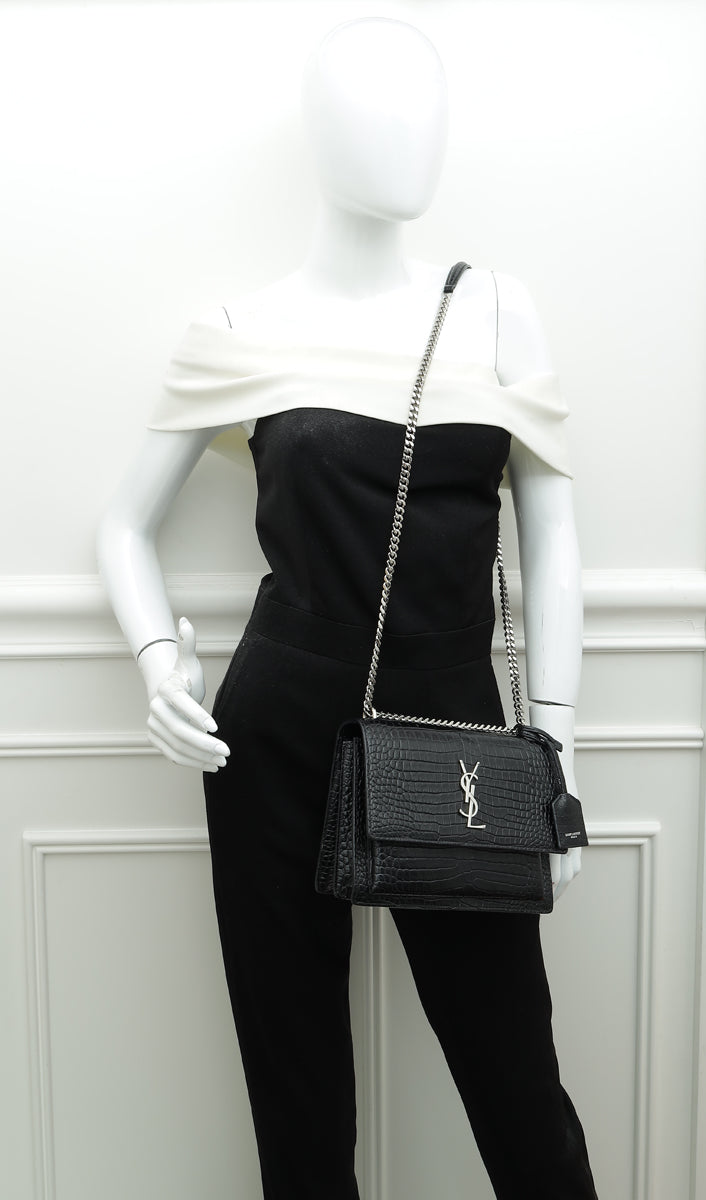 YSL Black Croc Embossed Sunset Medium Bag