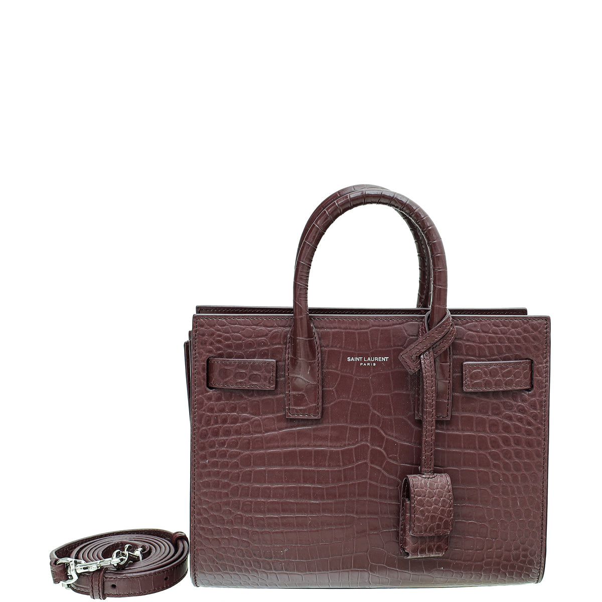 YSL Burgundy Croc Embossed Sac De Jour Nano Bag