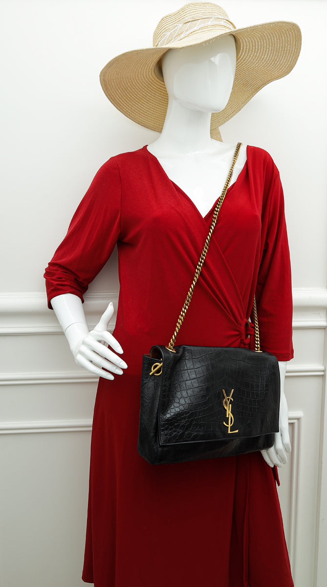 YSL Black Croco Embossed Reversible Kate Medium Chain Bag