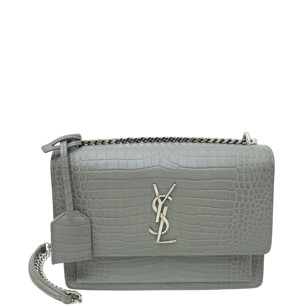 YSL Grey Croco Embossed Sunset Flap Medium Bag