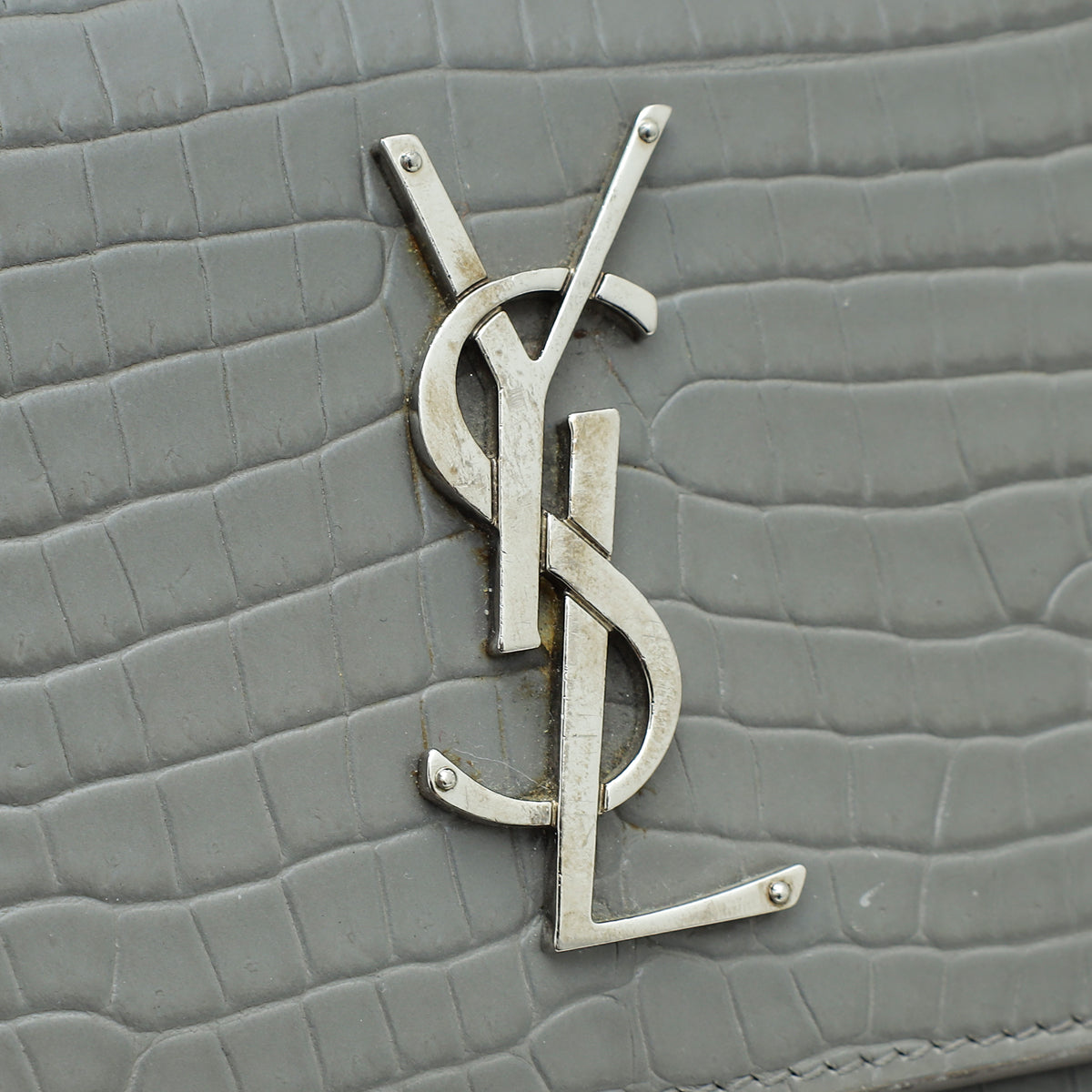 YSL Grey Croco Embossed Sunset Flap Medium Bag