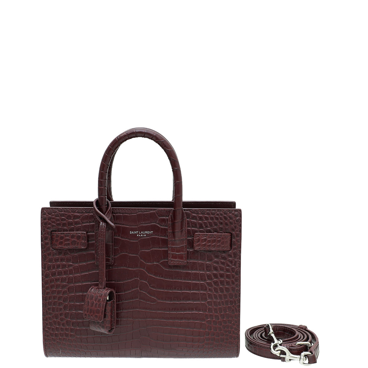 YSL Burgundy Croc Embossed Sac De Jour Nano Bag