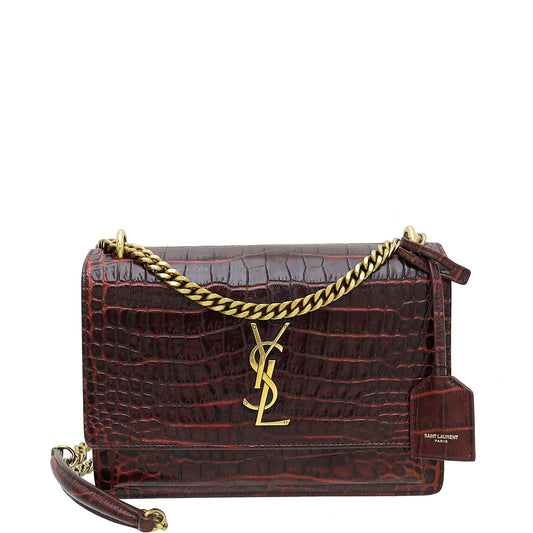 YSL Maroon Croco Embossed Sunset Medium Bag