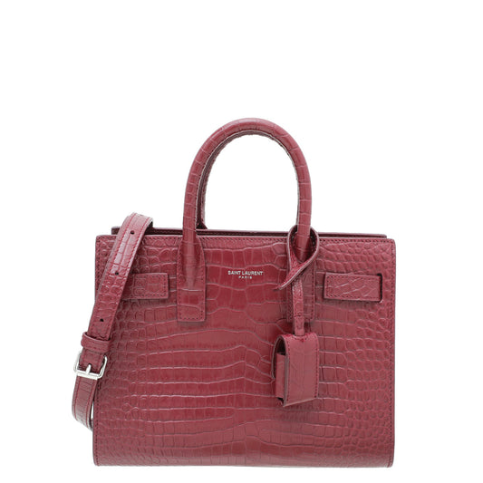 YSL Burgundy Croc Embossed Sac De Jour Nano Bag