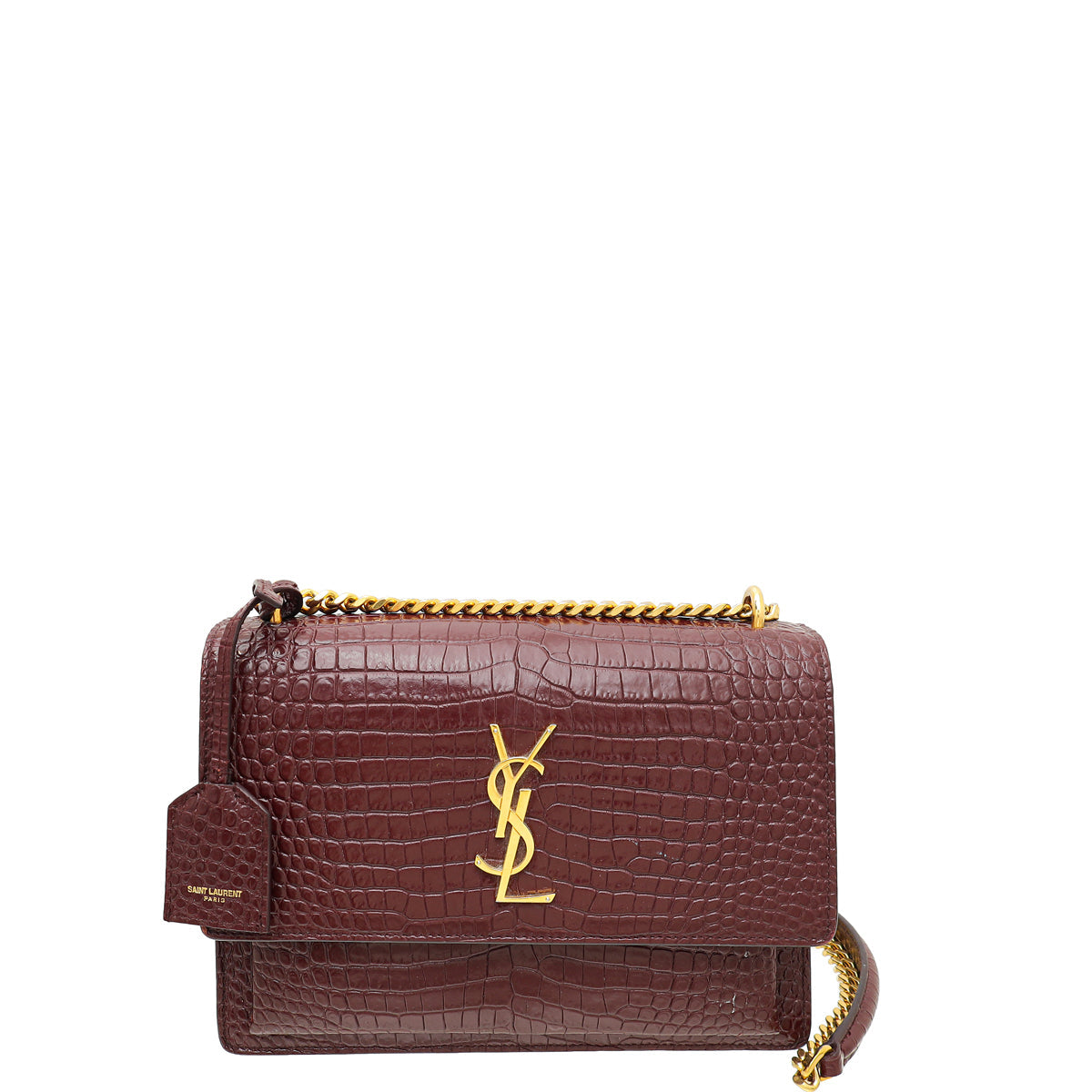 YSL Burgundy Croco Embossed Sunset Medium Bag