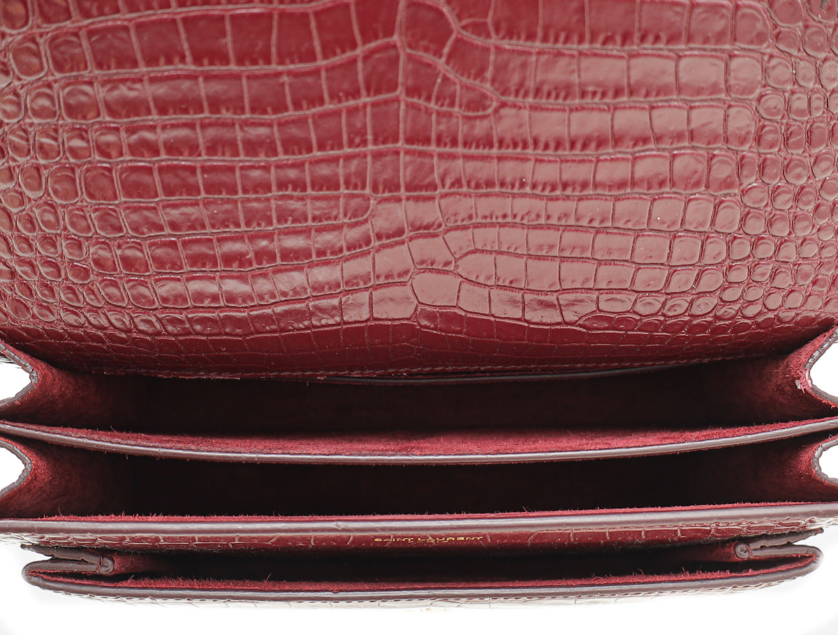 YSL Burgundy Croco Embossed Sunset Medium Bag