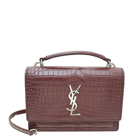 YSL Burgundy Croco Embossed Sunset Wallet On Chain