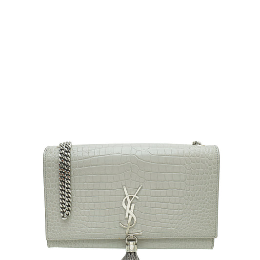 YSL Grey Kate Tassel Croco Embossed Medium Shoulder Bag