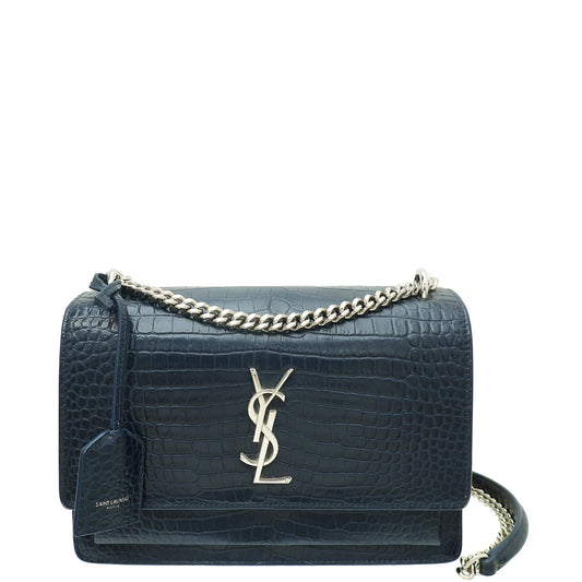 YSL Indigo Blue Sunset Croco Embossed Medium Shoulder Bag