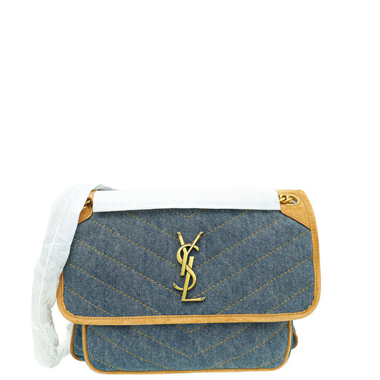 YSL Bicolor Denim Niki Medium Shoulder Bag