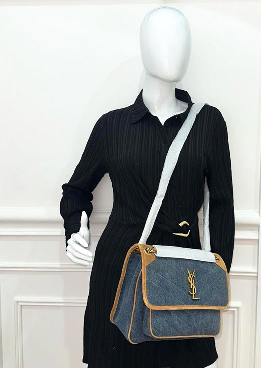 YSL Bicolor Denim Niki Medium Shoulder Bag