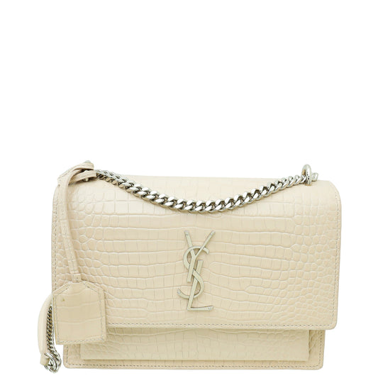 YSL Pinkish Beige Croco Embossed Sunset Medium Chain Bag