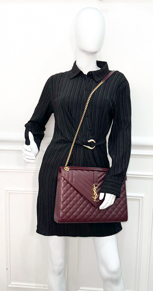 YSL Burgundy Monogram Mix Quilted Envelope Large Shoulder Bag