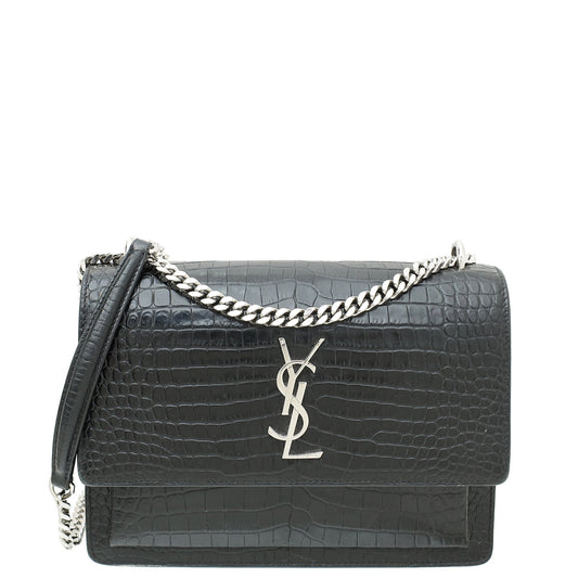 YSL Black Croco Embossed Sunset Medium Bag