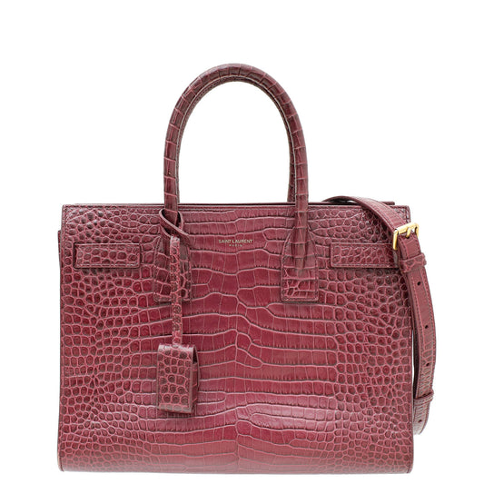 YSL Burgundy Croco Embossed Baby Sac De Jour Bag