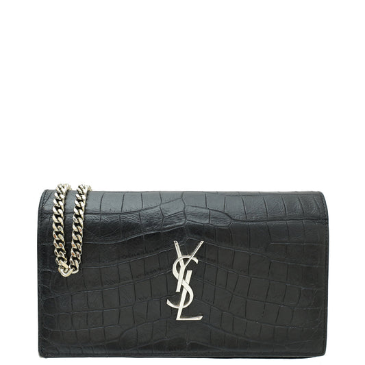 YSL Black Monogram Kate Croco Embossed Wallet On Chain