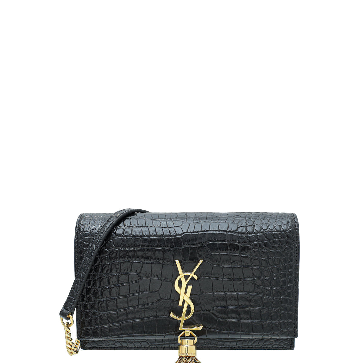 YSL Black Croc Embossed Kate Tassel Wallet On Chain