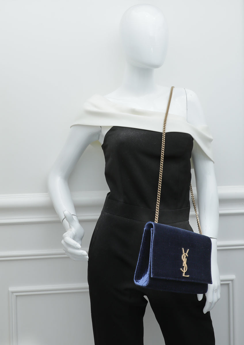 YSL Navy Blue Monogram Croc Velvet Embossed Kate Medium Bag