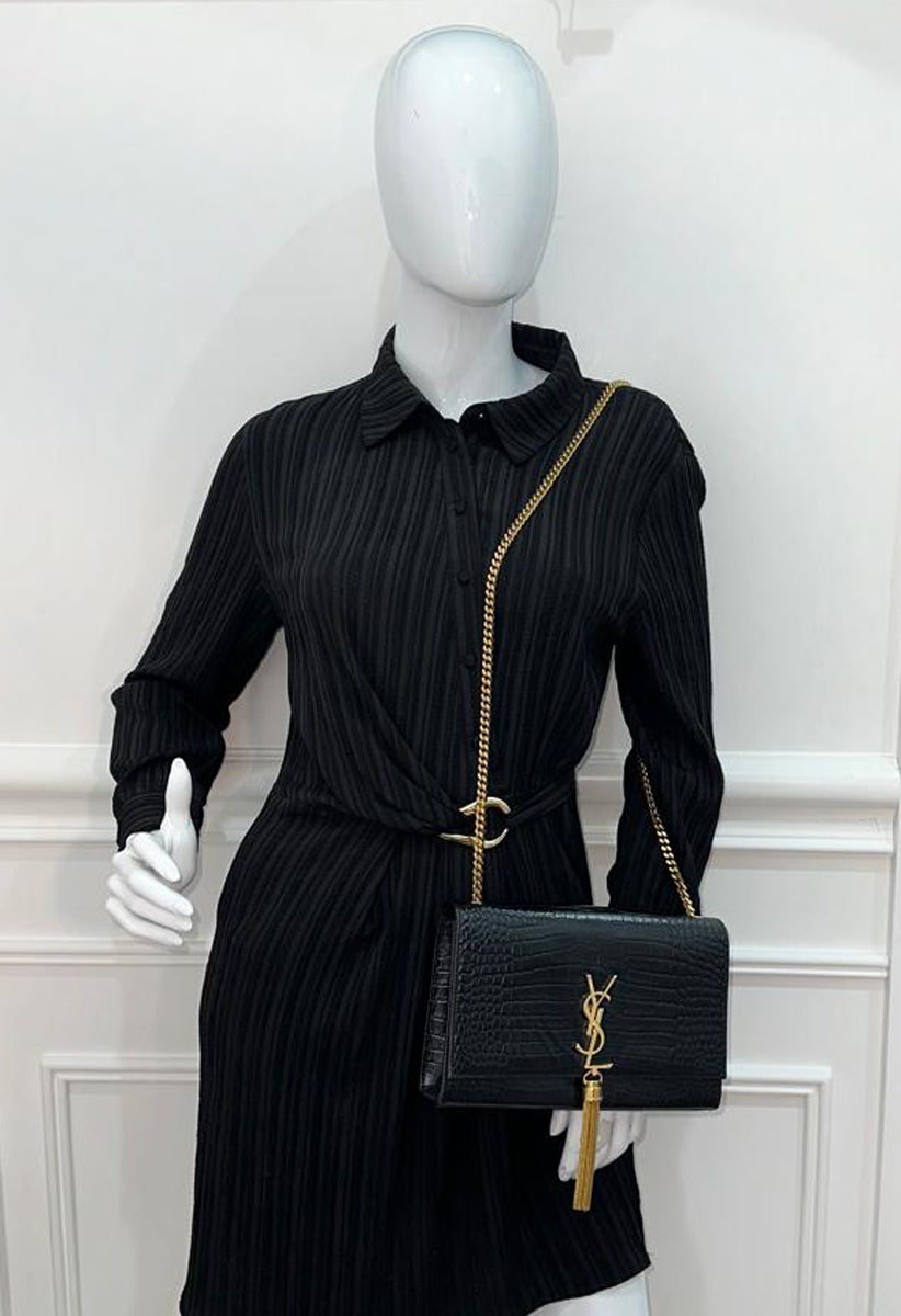 YSL Black Croco Embossed Kate Tassel Medium Chain Bag