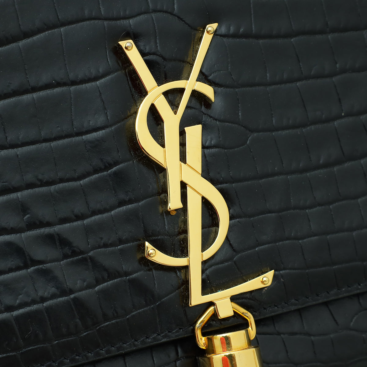 YSL Black Croco Embossed Kate Tassel Medium Chain Bag