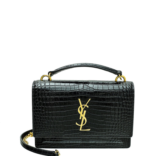 YSL Black Croco Embossed Sunset Chain Wallet