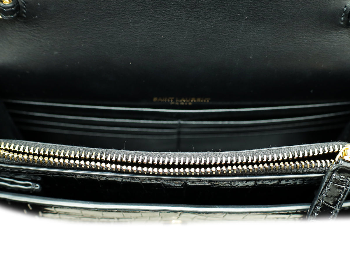 YSL Black Croco Embossed Sunset Chain Wallet