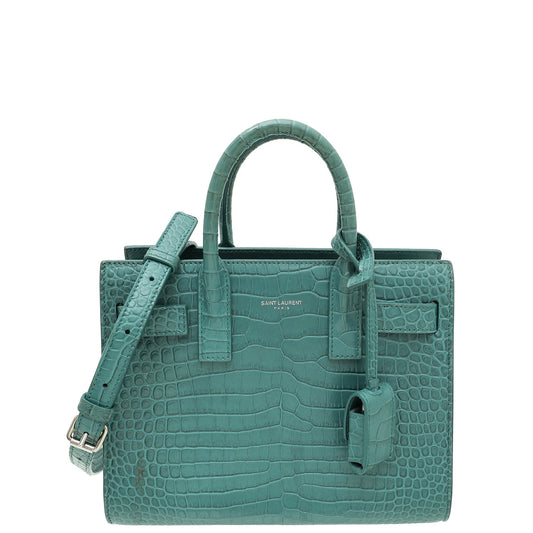 YSL Light Pine Green Croco Embossed Sac De Jour Nano Bag