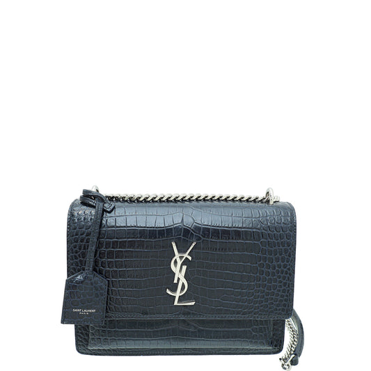 YSL Navy Blue Sunset Croco Embossed Medium Bag