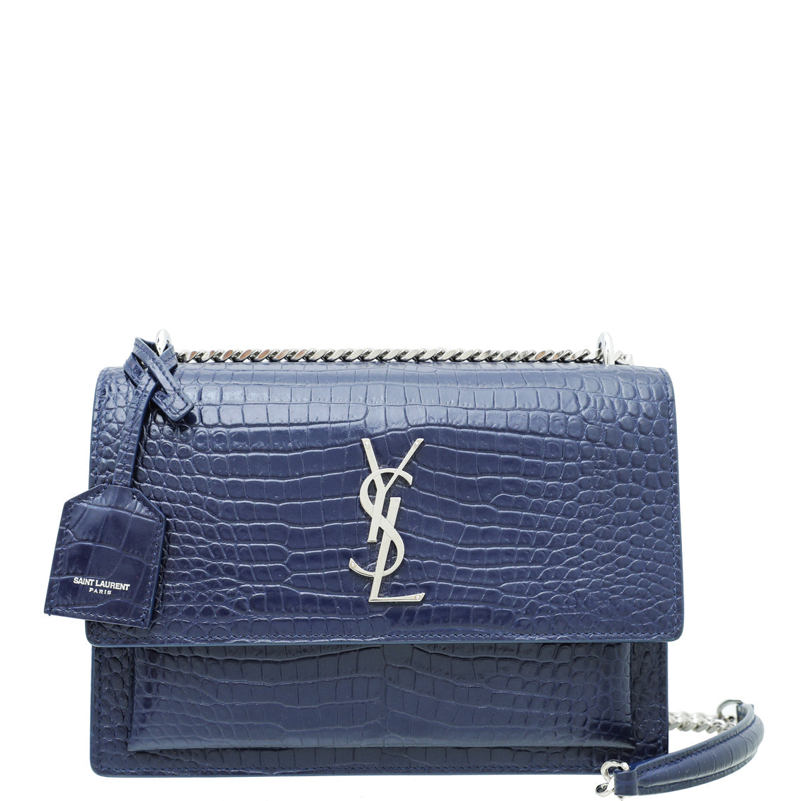 YSL Navy Blue Croc Embossed Sunset Medium Bag