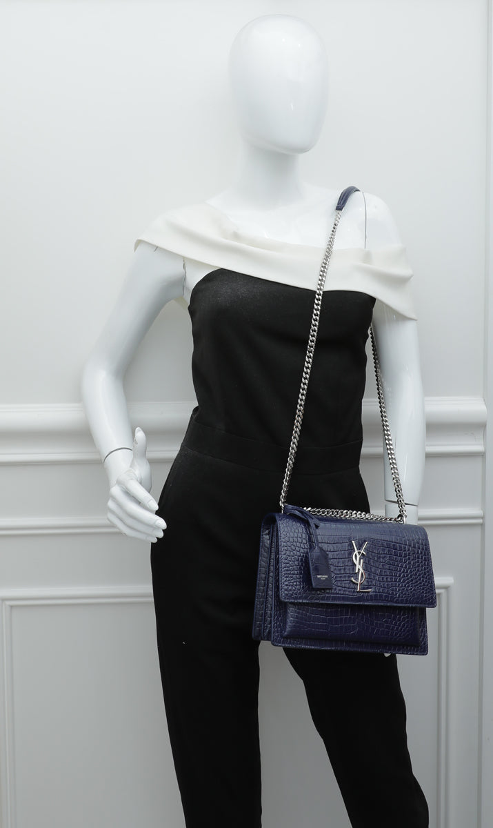 YSL Navy Blue Croc Embossed Sunset Medium Bag