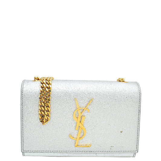 YSL Metallic Silver Monogram Kate Mini Shoulder Bag