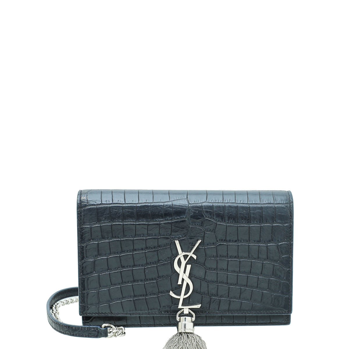 YSL Navy Croc Embossed Kate Tassel Chain Wallet