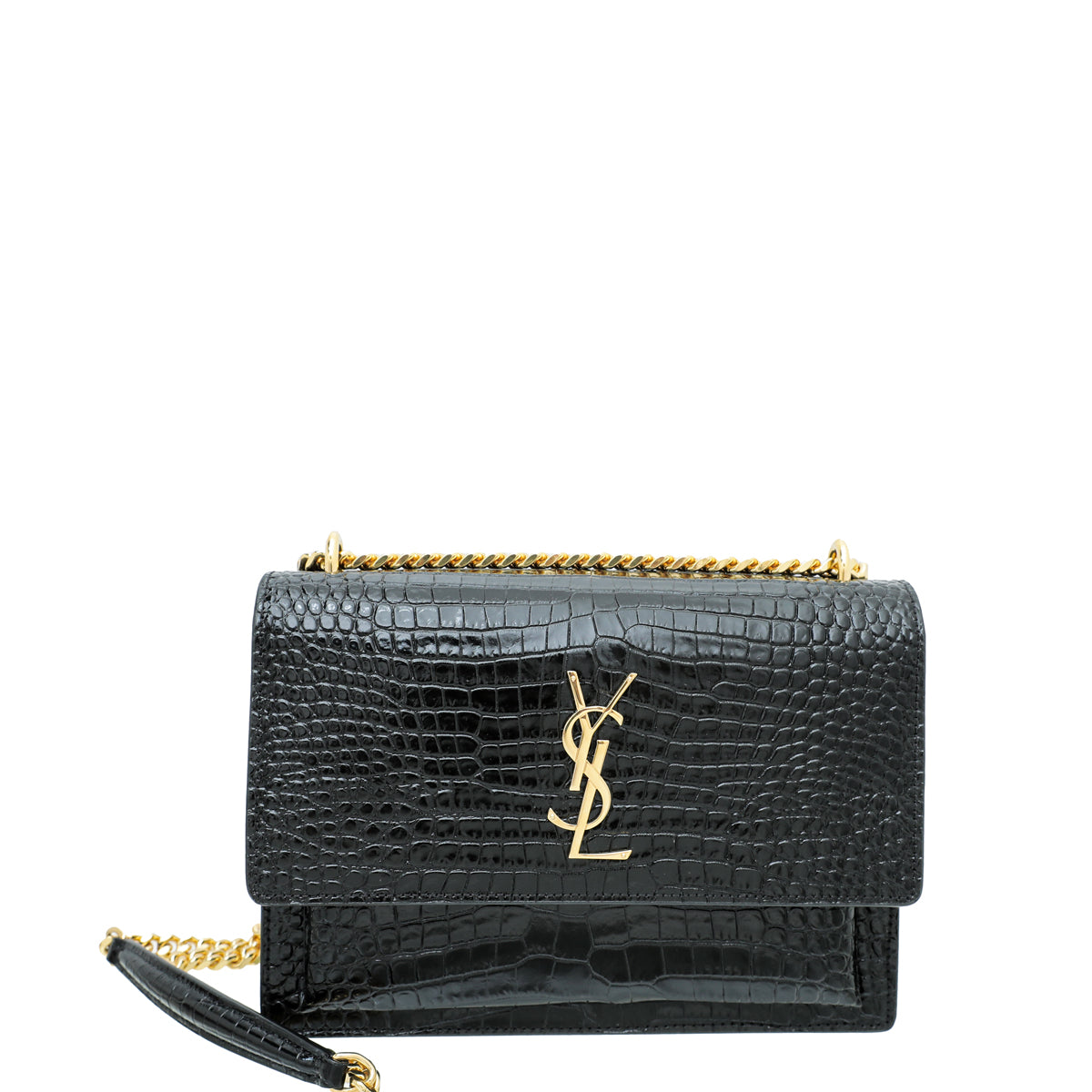 YSL Black Croc Embossed Sunset Medium Chain Bag