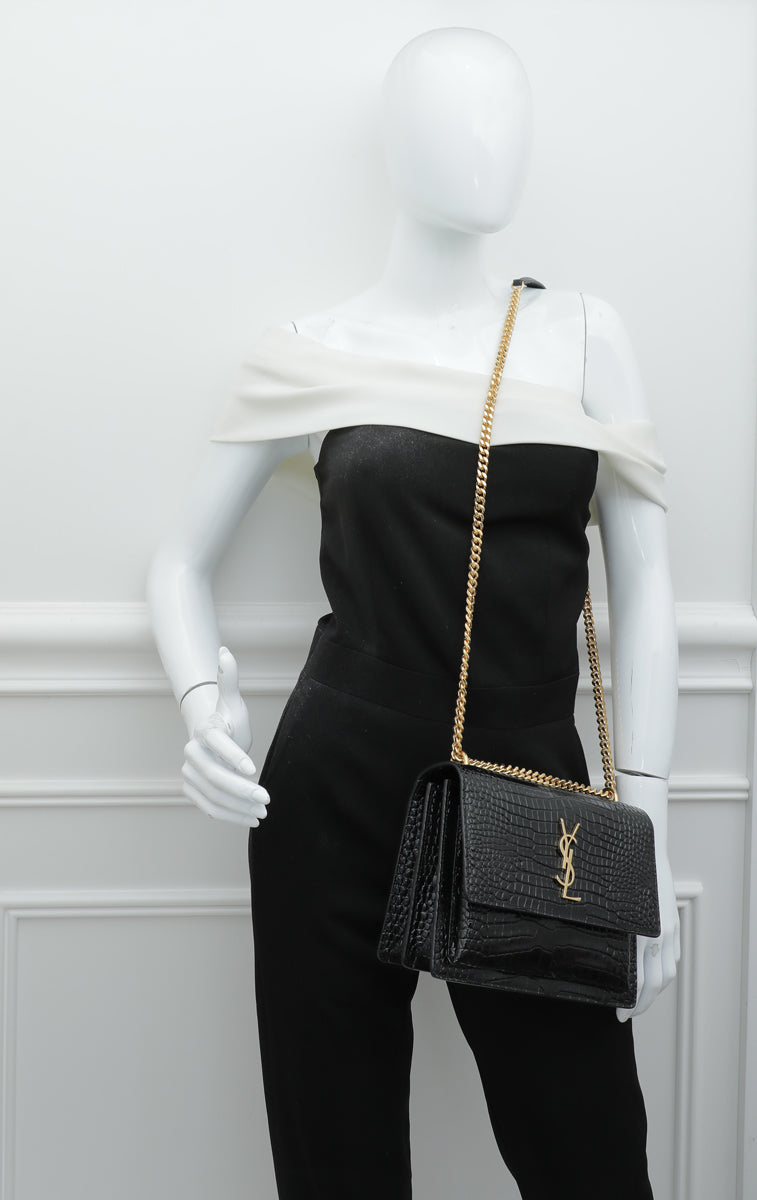 YSL Black Croc Embossed Sunset Medium Chain Bag