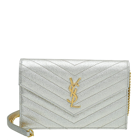 YSL Metallic Champagne Cassandre Envelope Chain Wallet