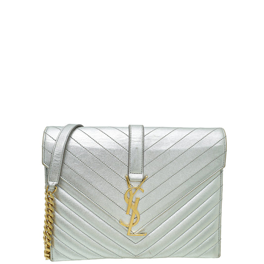 YSL Silver Monogram Chevron Medium Satchel Bag