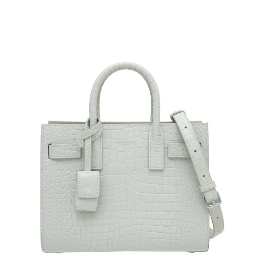 YSL Vintage Blanc Croco Embossed Sac De Jour Nano Bag