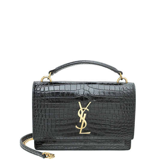 YSL Black Croco Embossed Sunset Chain Wallet